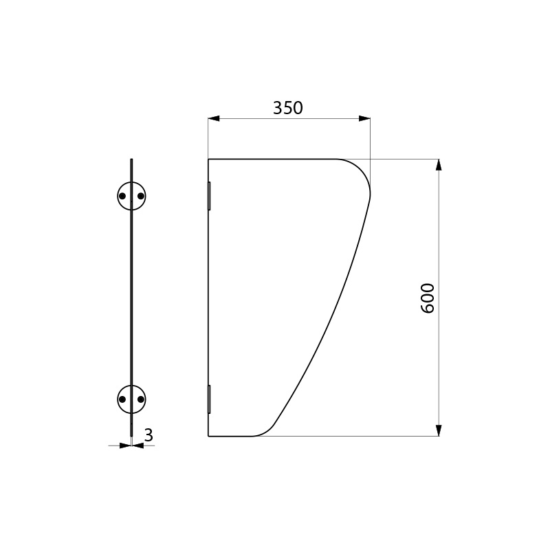 Delabie AZA RST 304, urinaalin väliseinä 600 x 350 mm