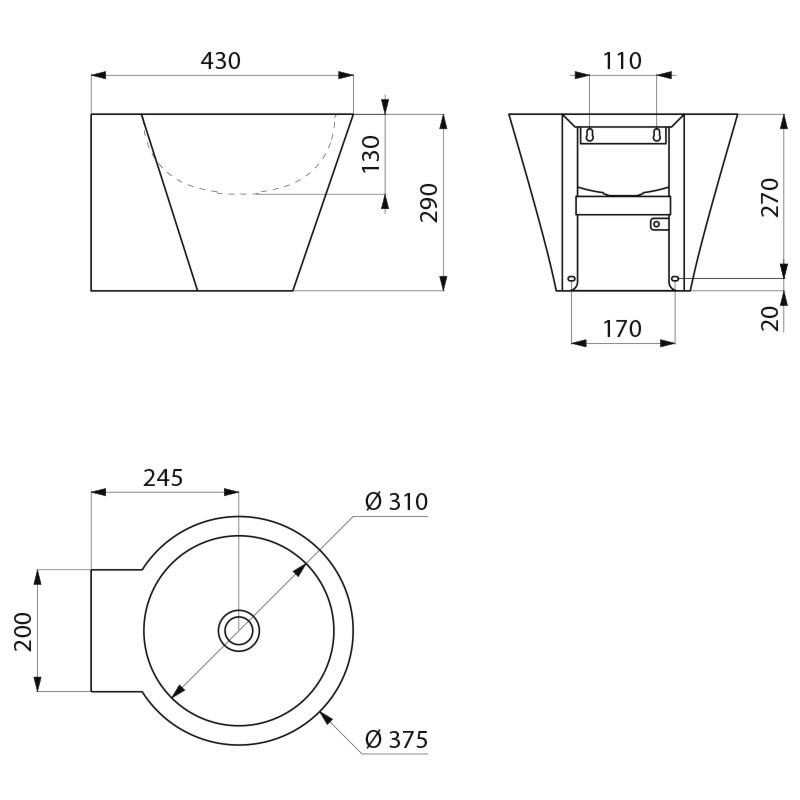 MINI BAILA basin no tap hole 304 satin st steel w/o overflow