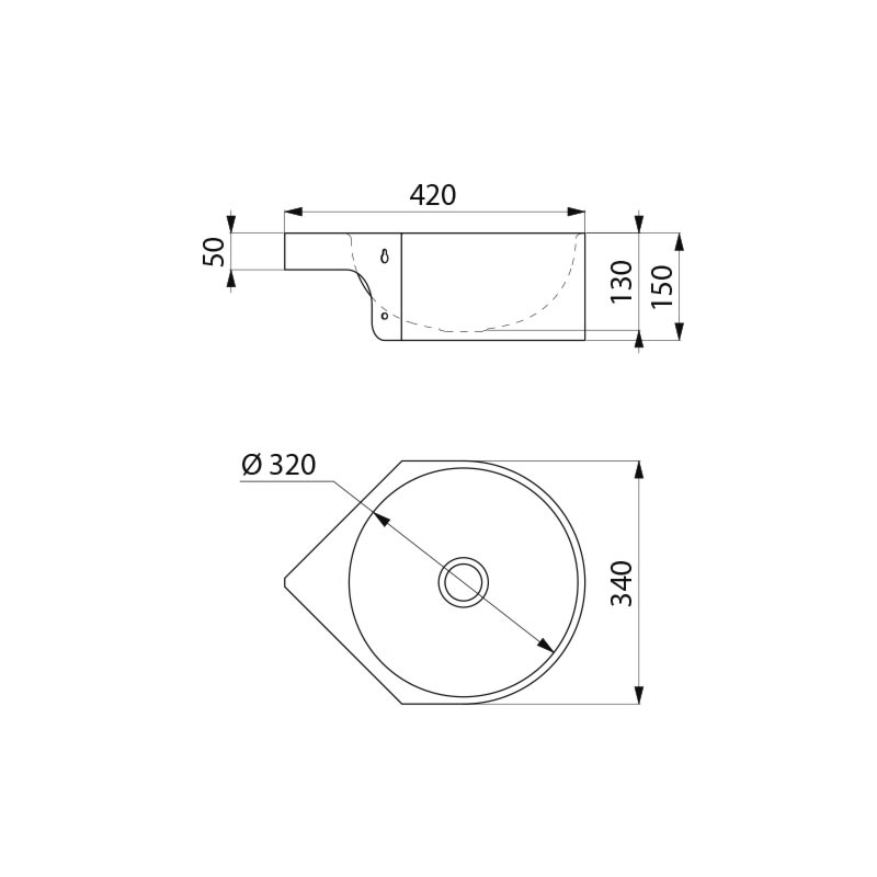 Delabie MINIMAL pesuallas seinään, kulmamalli 420x340 mm, satiini