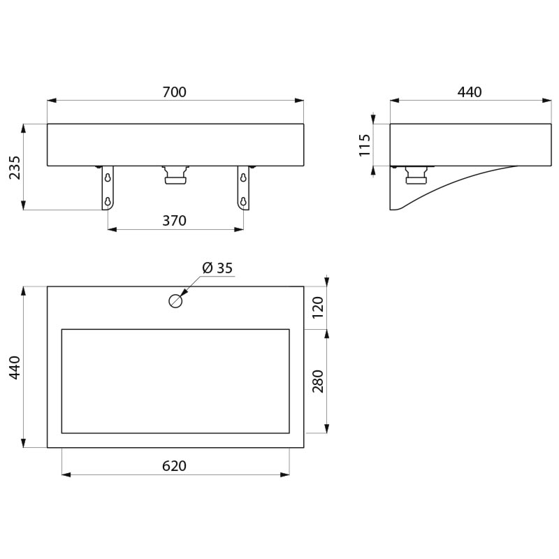 Delabie AQUEDUTO pesuallas seinään, 700 x 440 mm, hanareikä Ø35 mm, satiini