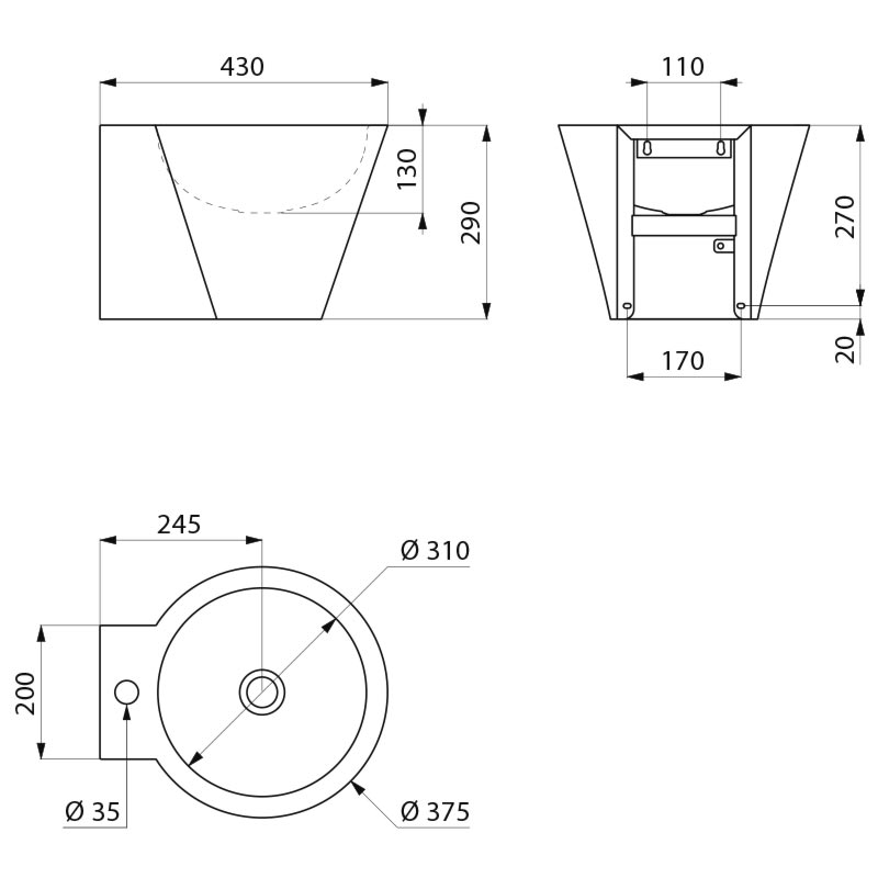 MINI BAILA basin Ø35 ctr taphole 304 satin st st no overflow