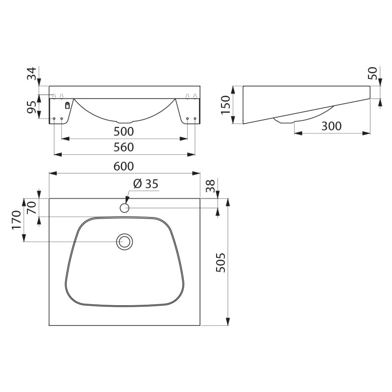 TRAPEZ basin Ø35 ctr tap hole 304 satin st. steel w/o overflow (ex-3411270008)