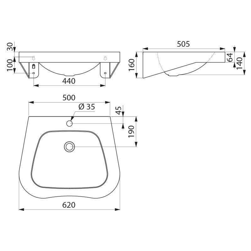 FRAJU PMR basin tap hole Ø35 no overflow 304 st steel satin