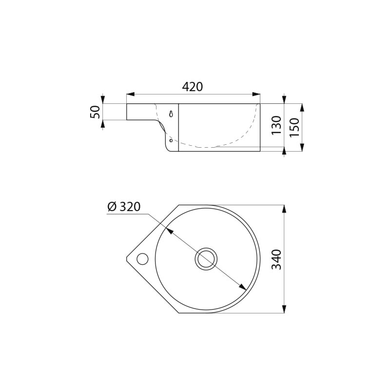 Delabie MINIMAL pesuallas seinään, kulmamalli 420x340 mm,  Ø35 mm, satiini