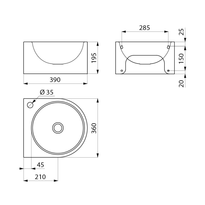 Delabie FACIL pesuallas seinään, 360 x 390 mm, hanareikä Ø35 mm, satiini