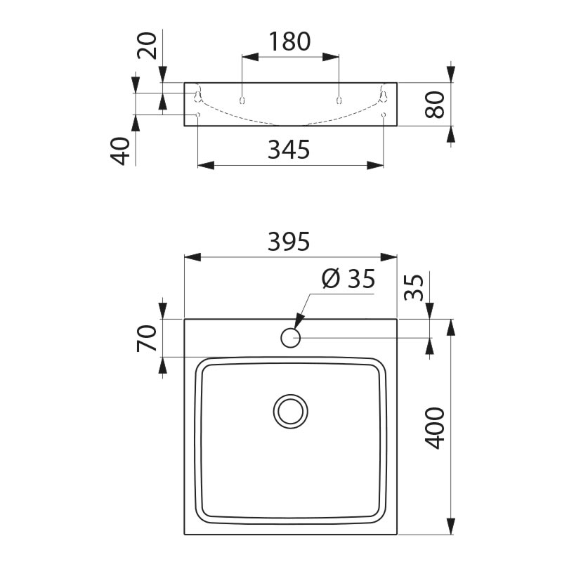 UNITO wall mtd basin Ø35 ctr tap hole no o/flow 304 satin SS