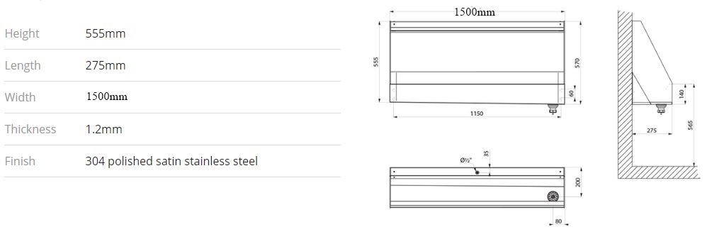 L wall mtd multi urinal L1500 top inlet 304 s st steel satin (ex-0311120000)