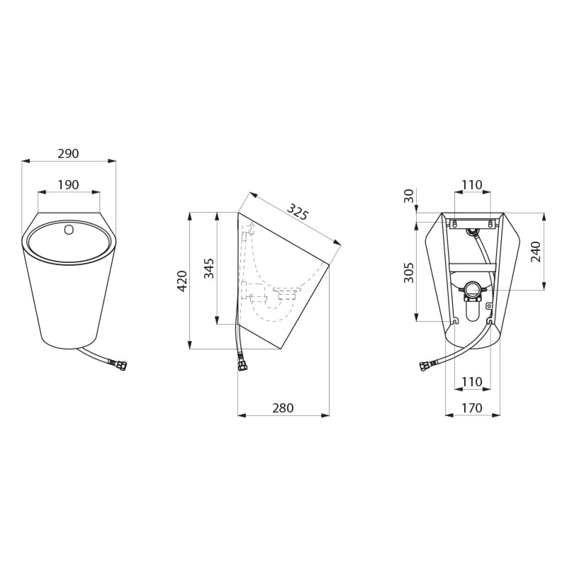 FINO wall mtd urinal back inlet 304 stainless s steel, matte black