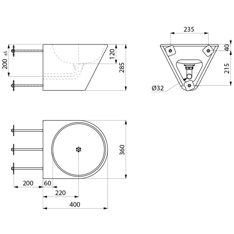 Delabie BOB TC pesuallas, seinäkiinnitys, 400x360mm, RST satiini, ei hanareikää