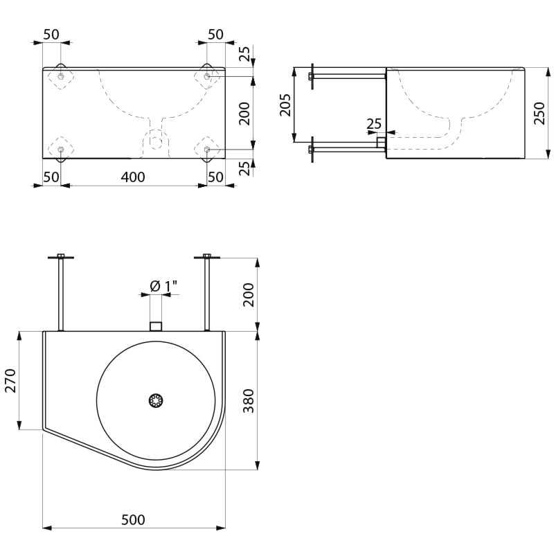 Delabie DUO TC R pesuallas, seinän läpi kiinnitys, 500x380mm, RST satiini