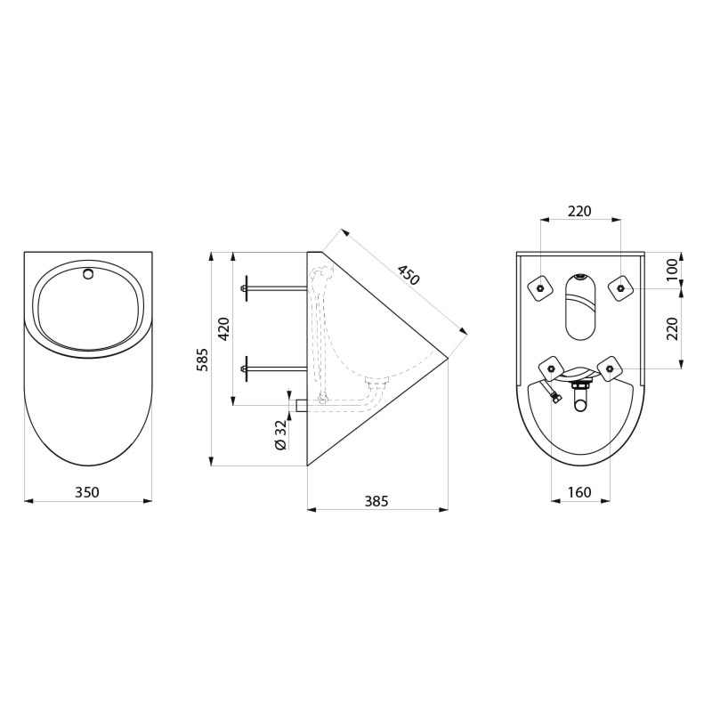 DELTA TC wall mtd urinal back inlet 304 st steel satin