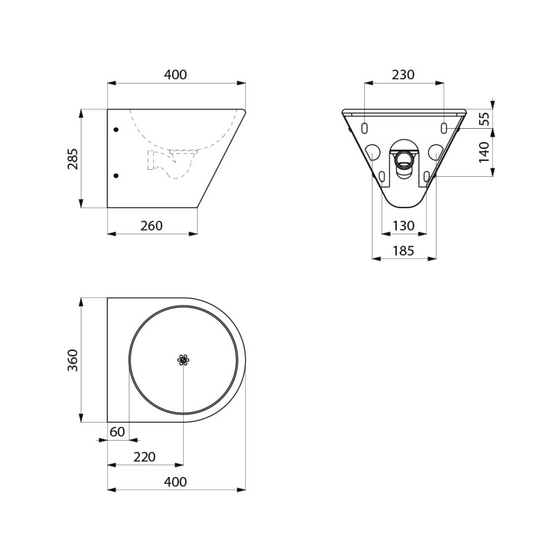 BOB HD wall mtd basin no tap hole 304 satin stainless steel