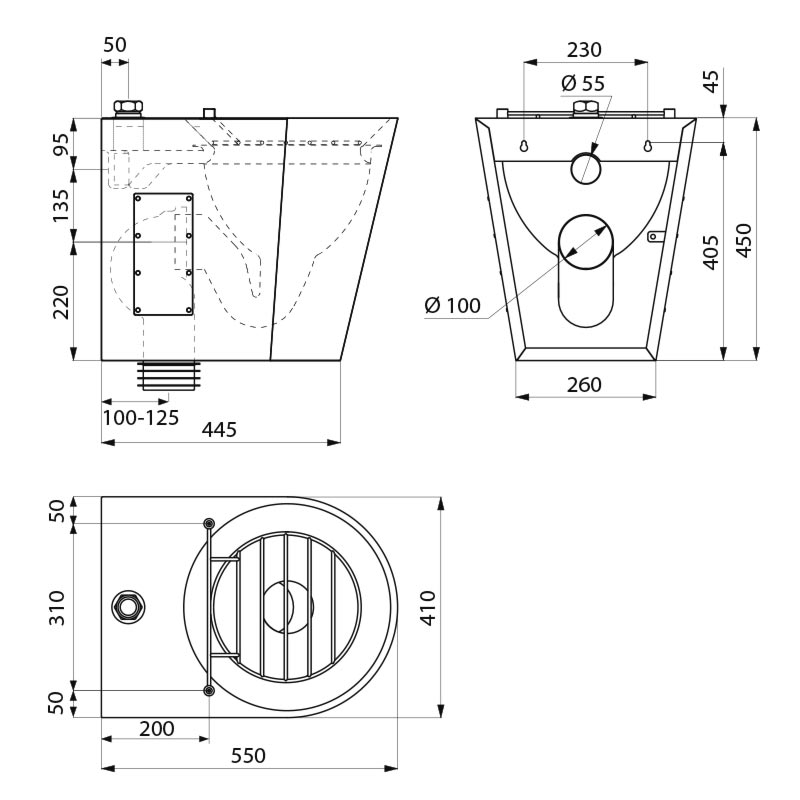 Delabie XL P huuhtelu- ja jätekaatoallas, vesiliitäntä päältä 55 mm, RST 304