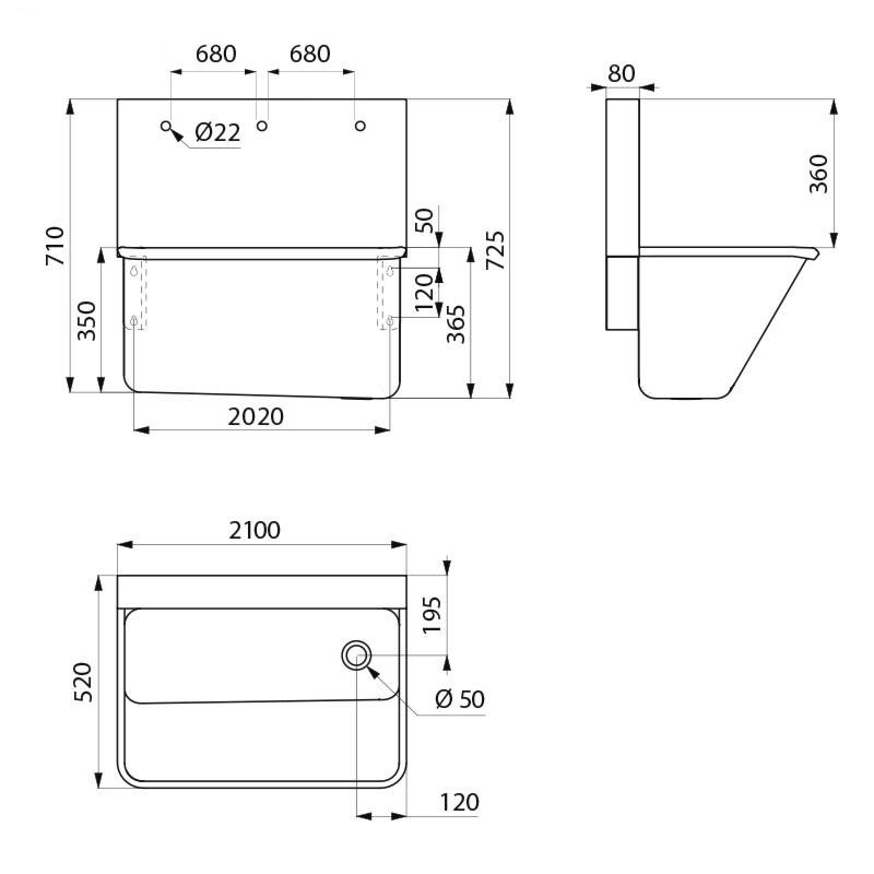 Delabie kirurginen pesuallas, 2100mm, 3kpl Ø22 hanareikiä