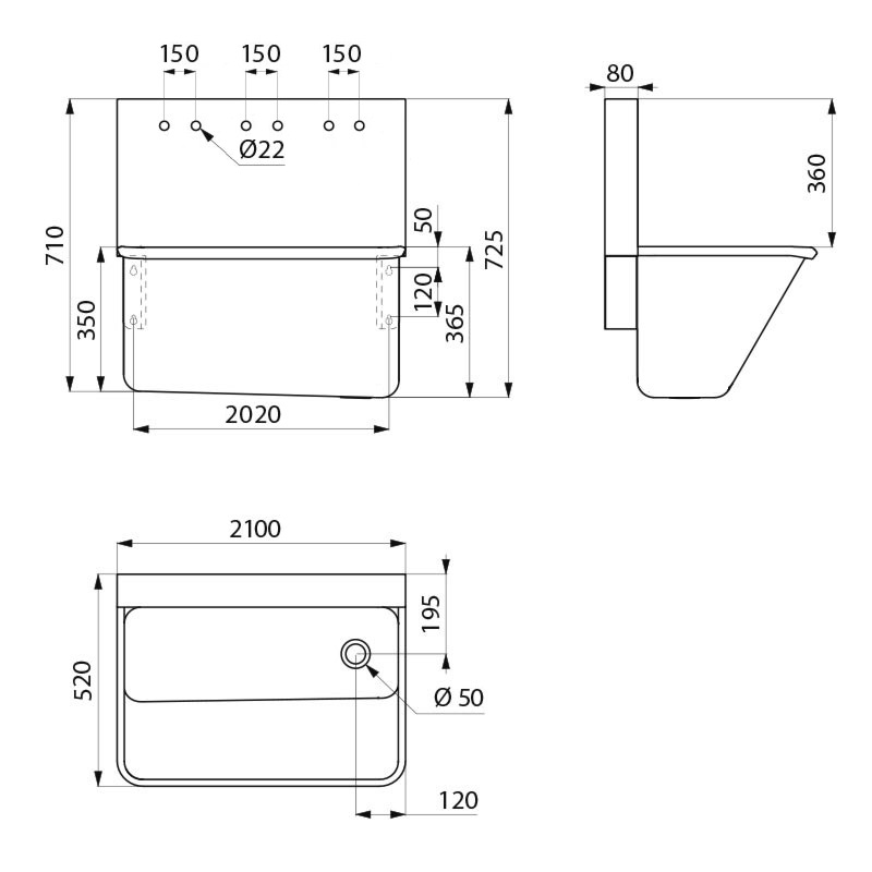 Delabie kirurginen RST pesukouru, 2100mm,  3kpl twin Ø22 hanareikiä