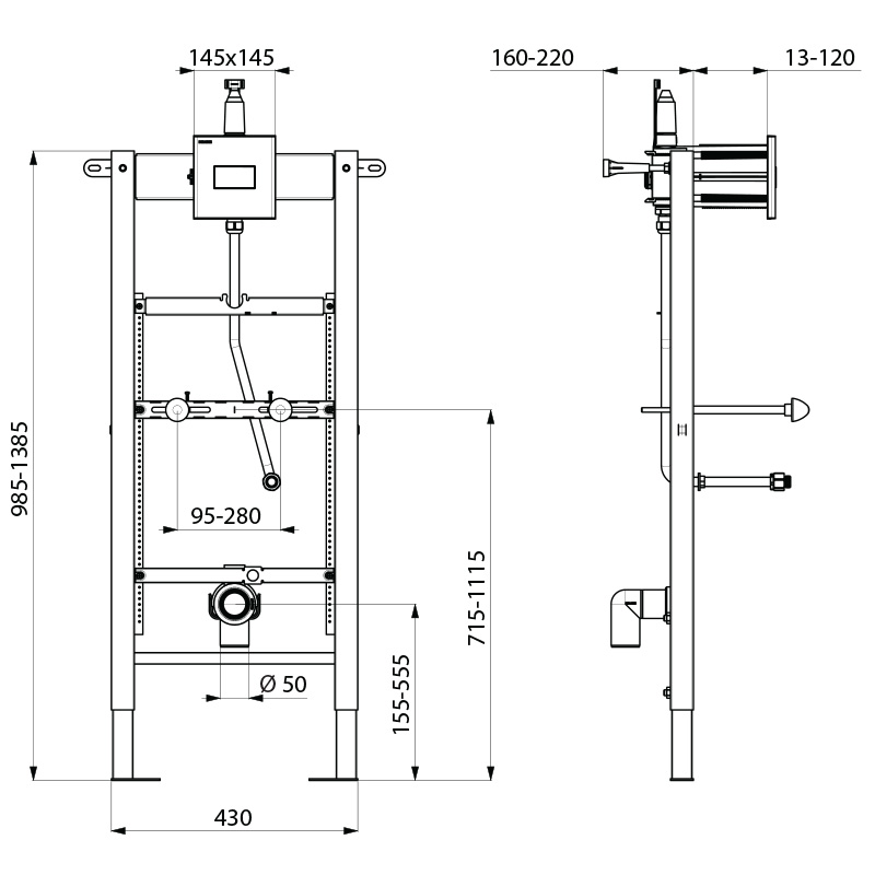 Delabie FINO wall mtd urinal set, Stainless steel satin, with push button