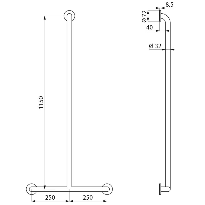Delabie BASIC suihkutukitanko, valkoinen Ø32, 1150x500mm