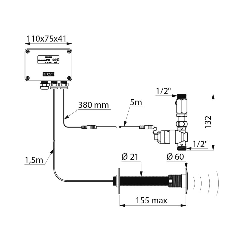 Delabie TEMPOMATIC urinaalin huuhtelulaite, seiniin max 155mm, patteri 6V