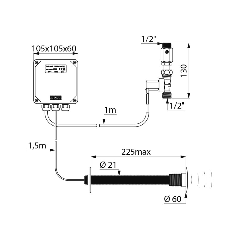 Delabie TEMPOMATIC huuhtelulaite, seiniin max 225mm, 230/12V