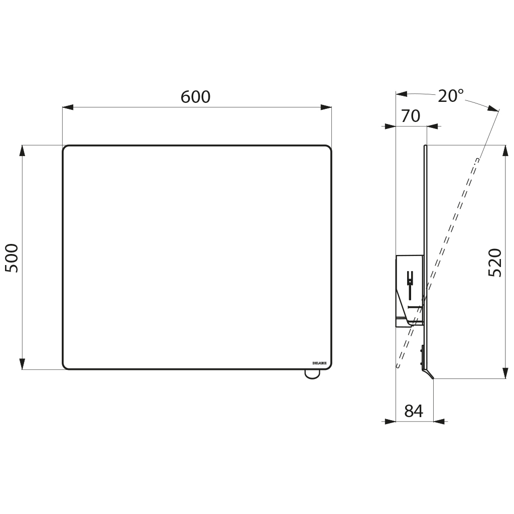 Delabie säädettävä peili 600 x 500 mm, 6 mm turvalasia, antrasiitti säätövipu