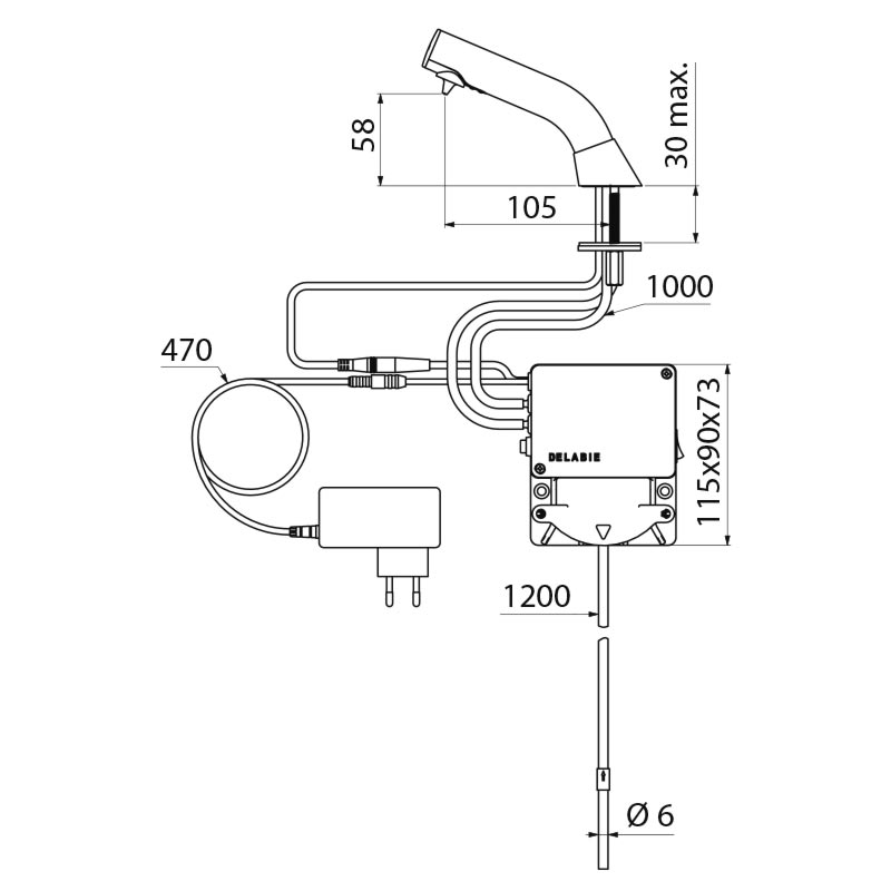 Wall-mtd elec liquid soap or foam disp L1.2m tube chrome-pltd