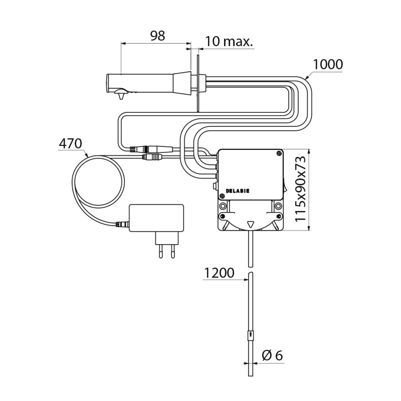 Wall-mtd elec liquid soap or foam disp L1.2m tube chrome-pltd