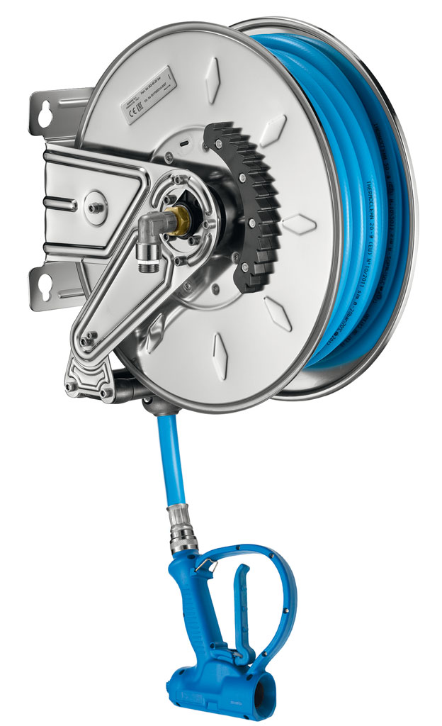 Delabie PRO Auto-rewind 304 stainless steel hose reel with hand spray