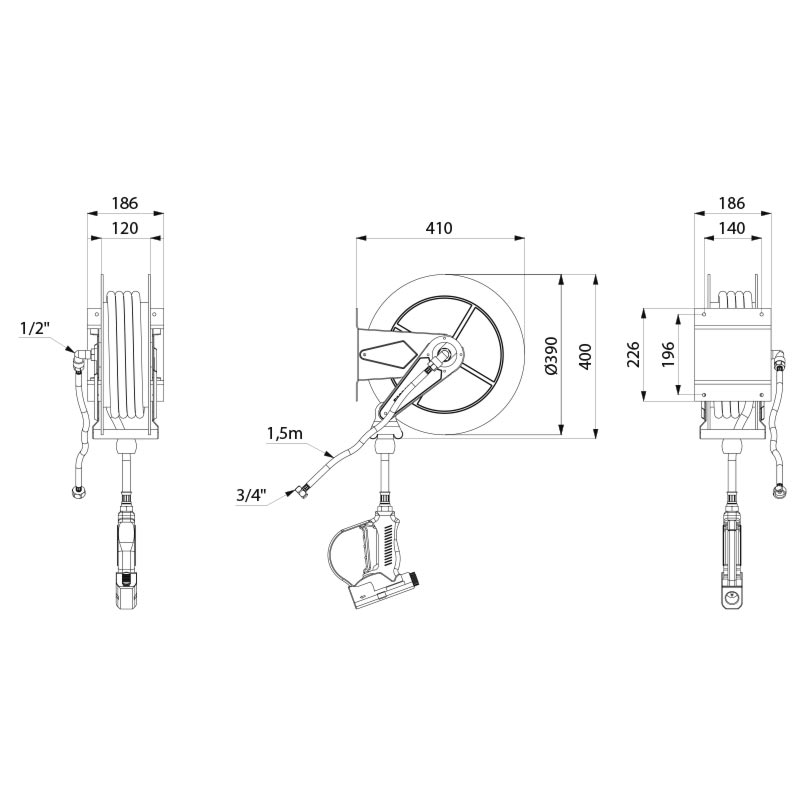 Delabie PRO Auto-rewind 304 stainless steel hose reel with hand spray