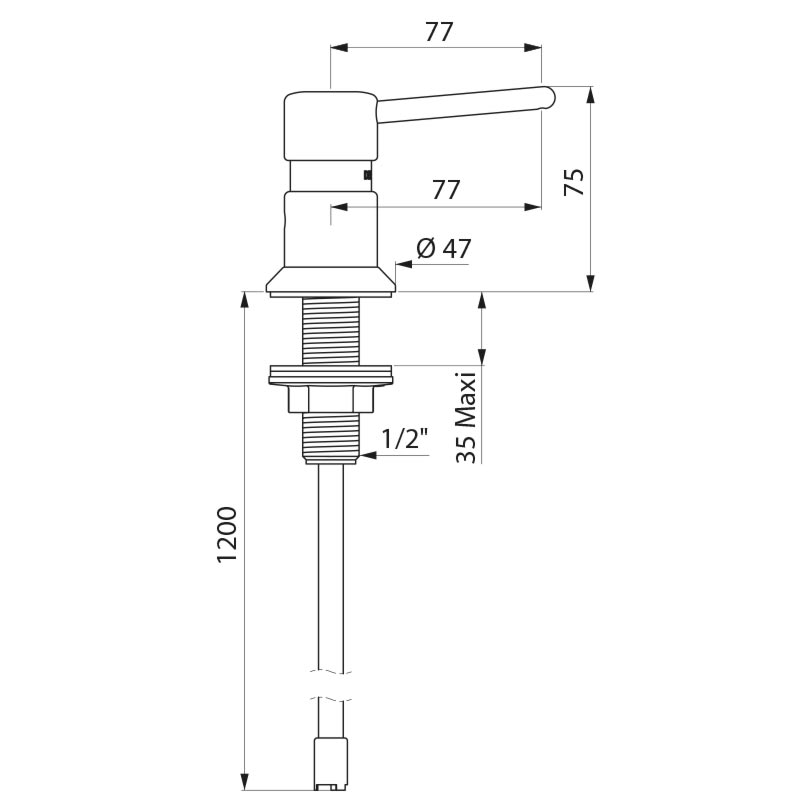 Soap dispenser straight spout, tube L1200, chromed brass