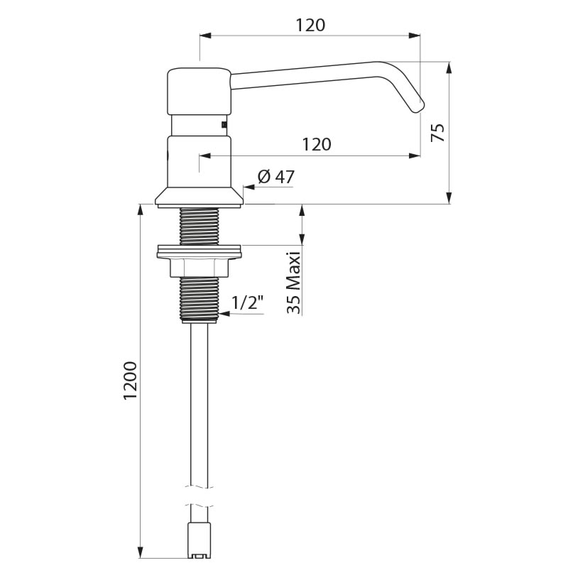 Soap dispenser curved spout, tube L1200, chro omed brass