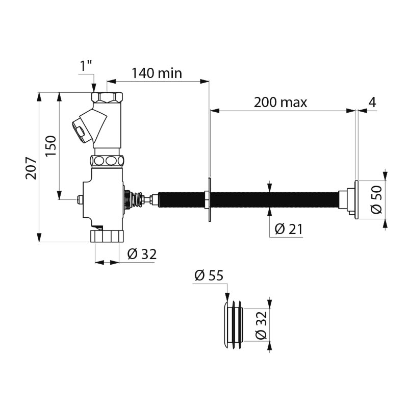 Delabie TEMPOCHASSE direct flush kit, F1 inches, walls up to 200mm